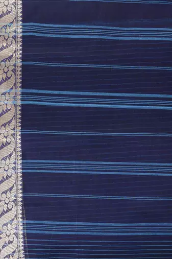 Stunning navy blue and blue striped tant saree with floral lace border