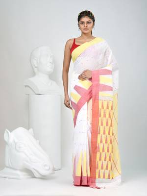 White handspun cotton saree with geometric motif and bright hues 1