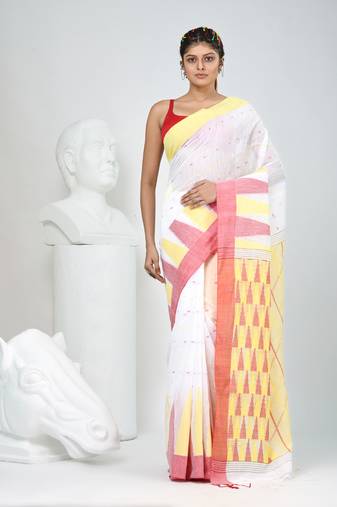 White handspun cotton saree with geometric motif and bright hues