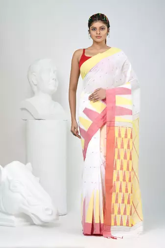 White handspun cotton saree with geometric motif and bright hues