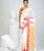 White handspun cotton saree with geometric motif and bright hues