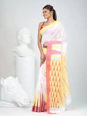 White handspun cotton saree with geometric motif and bright hues 2
