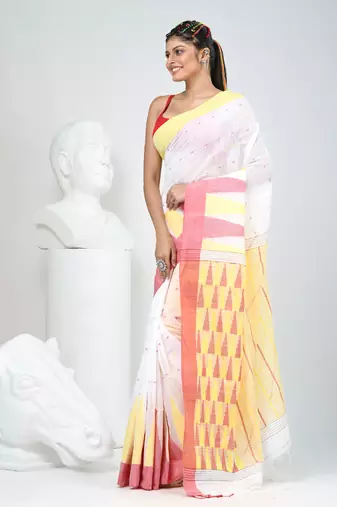 White handspun cotton saree with geometric motif and bright hues