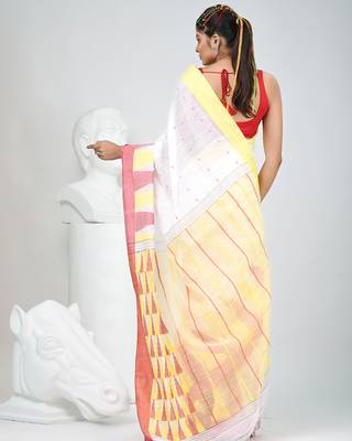 White handspun cotton saree with geometric motif and bright hues 3