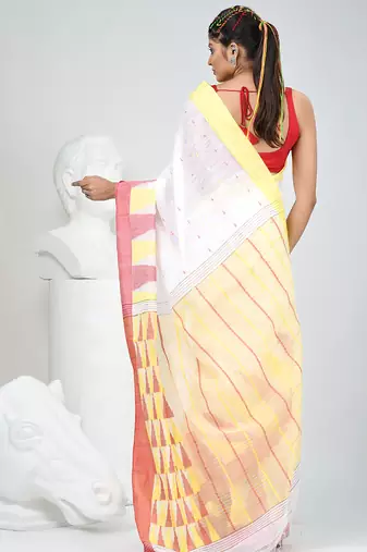 White handspun cotton saree with geometric motif and bright hues