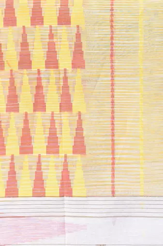 White handspun cotton saree with geometric motif and bright hues