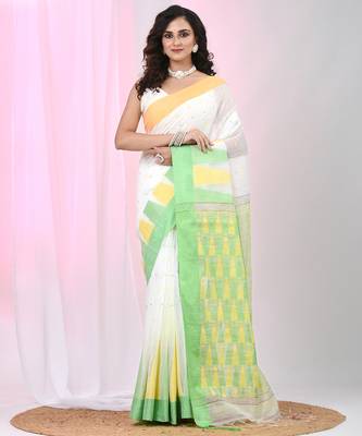 White handspun cotton saree with geometric motif and bright hues 1