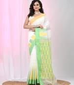 White handspun cotton saree with geometric motif and bright hues