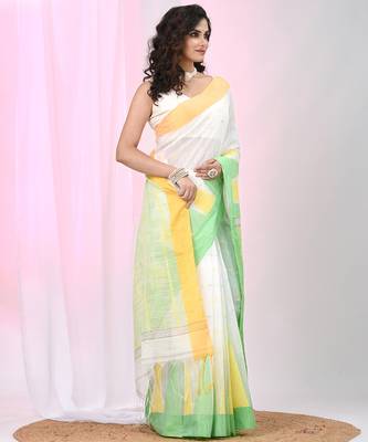 White handspun cotton saree with geometric motif and bright hues 2