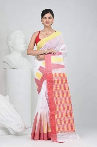 White handspun cotton saree with geometric motif and bright hues