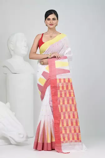 White handspun cotton saree with geometric motif and bright hues