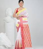 White handspun cotton saree with geometric motif and bright hues