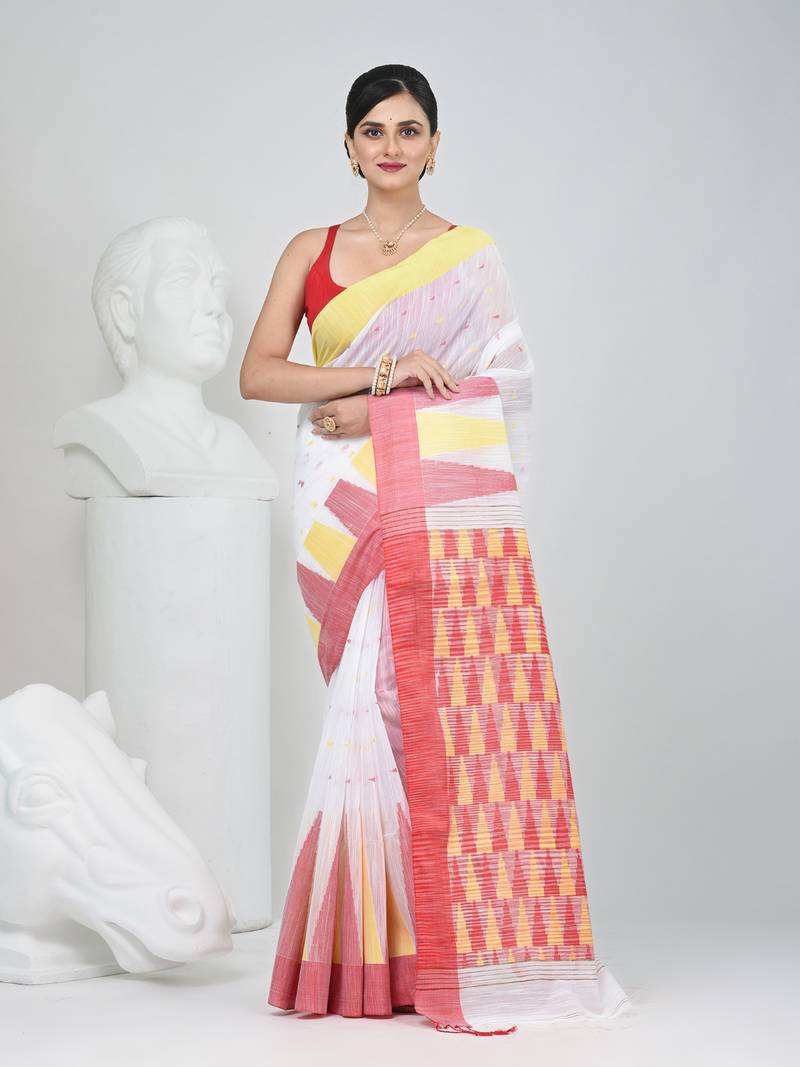 White handspun cotton saree with geometric motif and bright hues