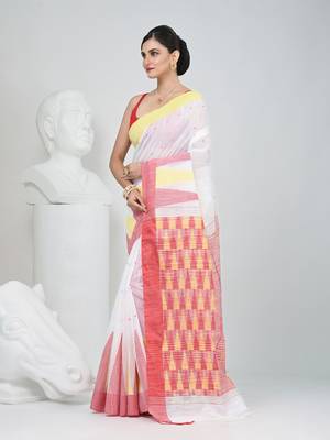 White handspun cotton saree with geometric motif and bright hues 2