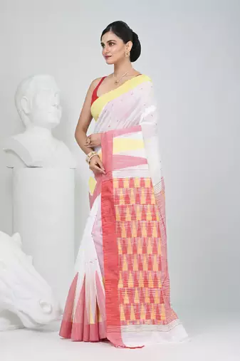 White handspun cotton saree with geometric motif and bright hues
