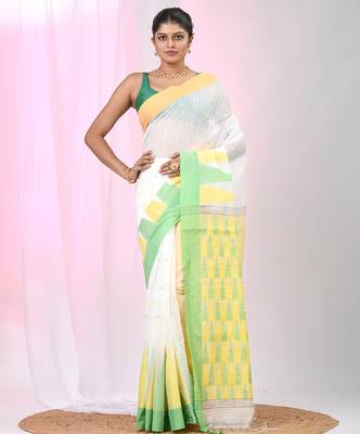White handspun cotton saree with geometric motif and bright hues 1