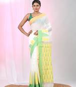 White handspun cotton saree with geometric motif and bright hues