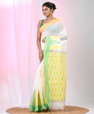 White handspun cotton saree with geometric motif and bright hues 2