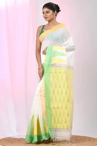 White handspun cotton saree with geometric motif and bright hues