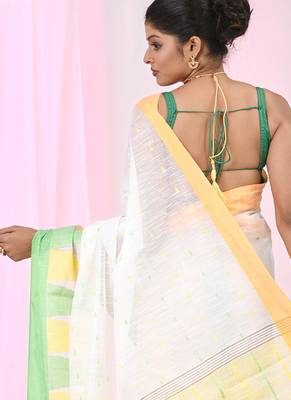 White handspun cotton saree with geometric motif and bright hues 3