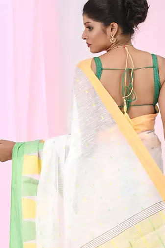 White handspun cotton saree with geometric motif and bright hues