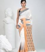 Off white handspun cotton saree with geometric motif and bright hues