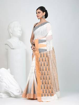 Off white handspun cotton saree with geometric motif and bright hues 2