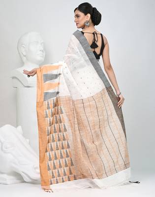 Off white handspun cotton saree with geometric motif and bright hues 3