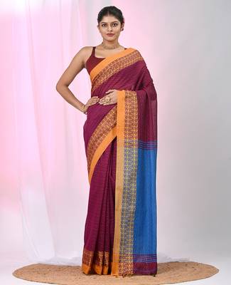 Burgundy and  sapphire blue handspun cotton saree with vibrant borders 1
