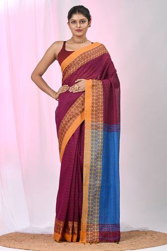 Burgundy and  sapphire blue handspun cotton saree with vibrant borders