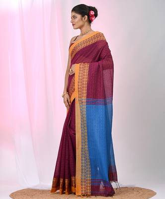 Burgundy and  sapphire blue handspun cotton saree with vibrant borders 2