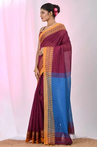 Burgundy and  sapphire blue handspun cotton saree with vibrant borders