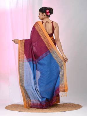 Burgundy and  sapphire blue handspun cotton saree with vibrant borders 3