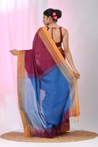 Burgundy and  sapphire blue handspun cotton saree with vibrant borders