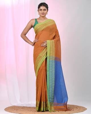 Orange and sky blue handspun cotton saree with vibrant borders 1