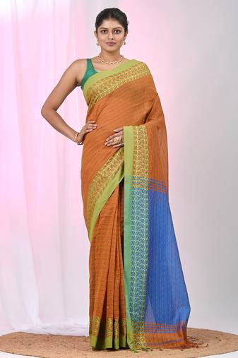Orange and sky blue handspun cotton saree with vibrant borders