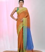 Orange and sky blue handspun cotton saree with vibrant borders