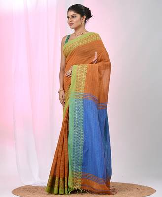 Orange and sky blue handspun cotton saree with vibrant borders 2