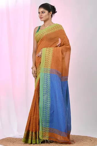 Orange and sky blue handspun cotton saree with vibrant borders