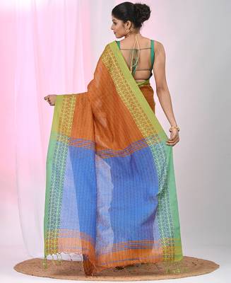 Orange and sky blue handspun cotton saree with vibrant borders 3