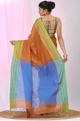 Orange and sky blue handspun cotton saree with vibrant borders