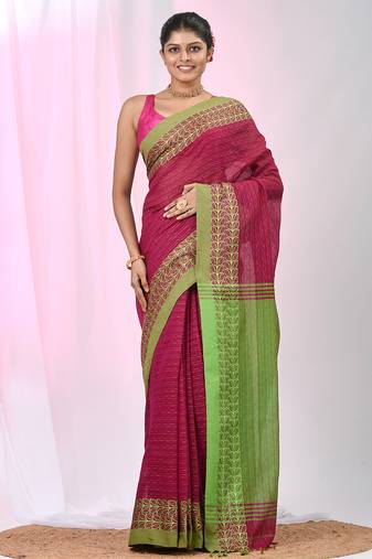 Fuchsia and green handspun cotton saree with vibrant borders