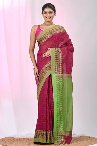Fuchsia and green handspun cotton saree with vibrant borders