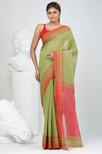 Green and red handspun cotton saree with vibrant borders