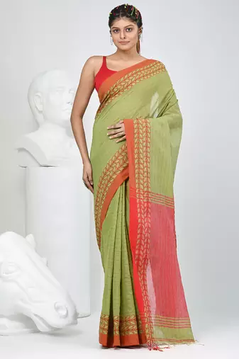 Green and red handspun cotton saree with vibrant borders