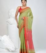 Green and red handspun cotton saree with vibrant borders