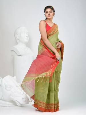 Green and red handspun cotton saree with vibrant borders 2