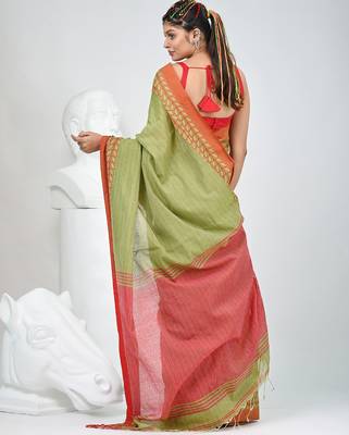Green and red handspun cotton saree with vibrant borders 3