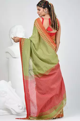 Green and red handspun cotton saree with vibrant borders