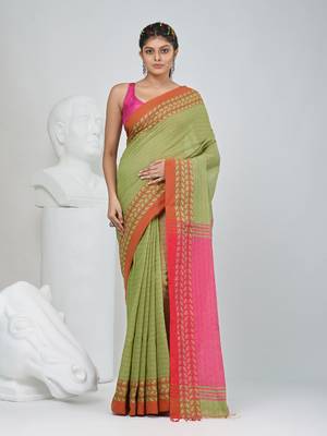 Green and pink handspun cotton saree with vibrant borders 1